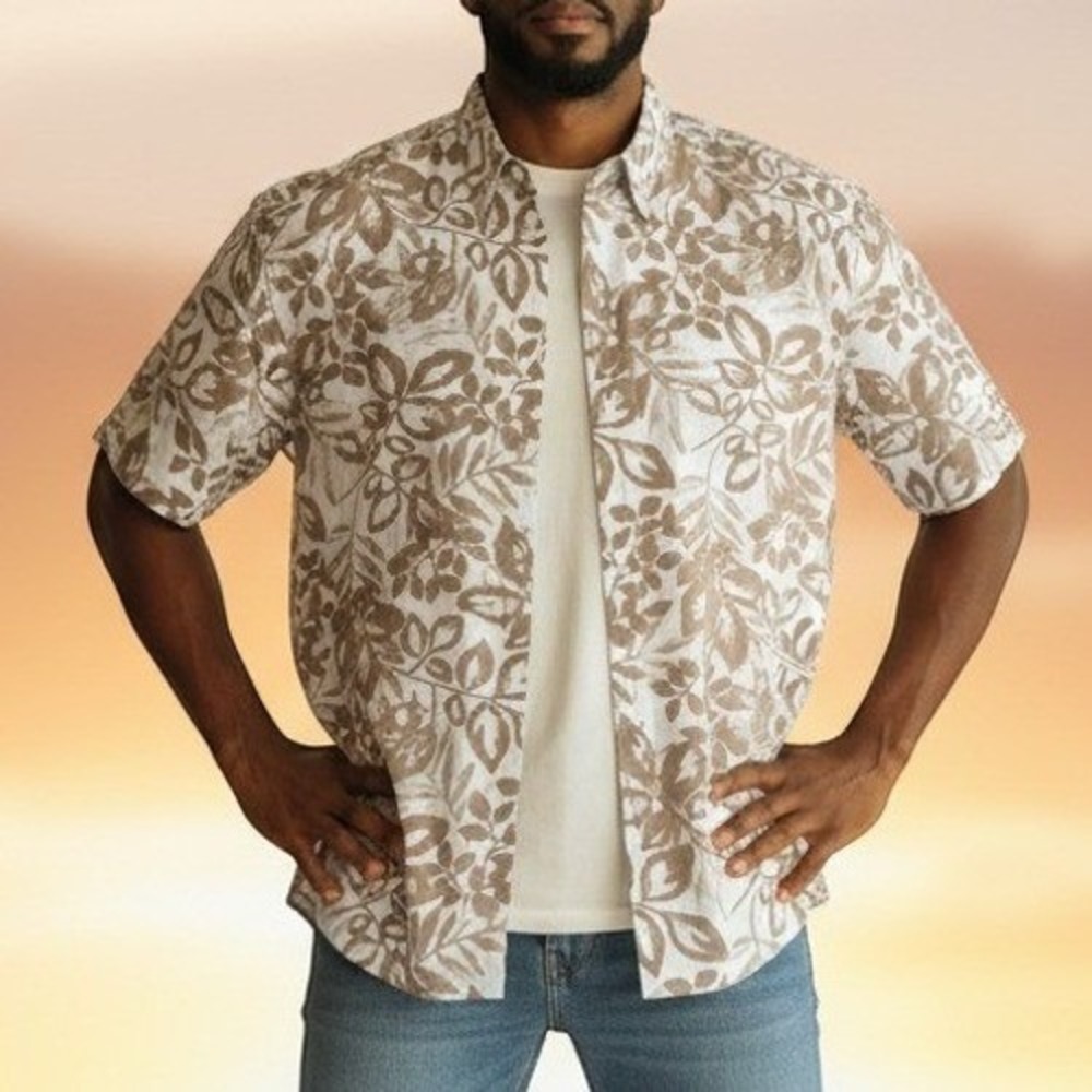 Eddie Bauer Mens Tall Floral Linen Button Down Shirt Tan XL Tall
